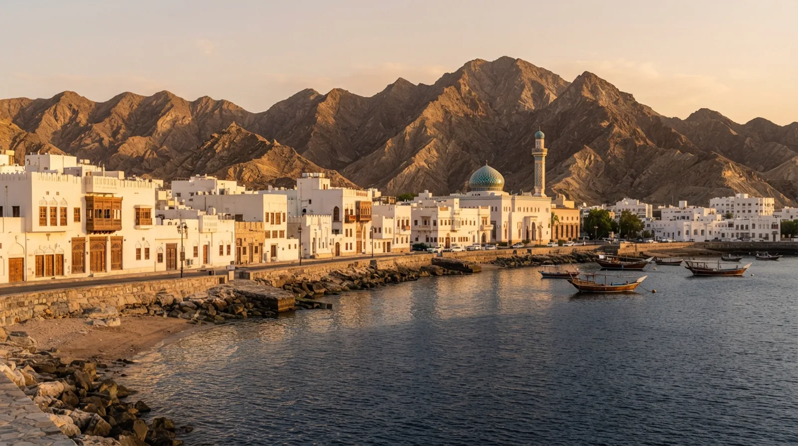 Muscat waterfront in Oman at golden hour with white low-rise architecture and a domed mosque against the Hajar mountains