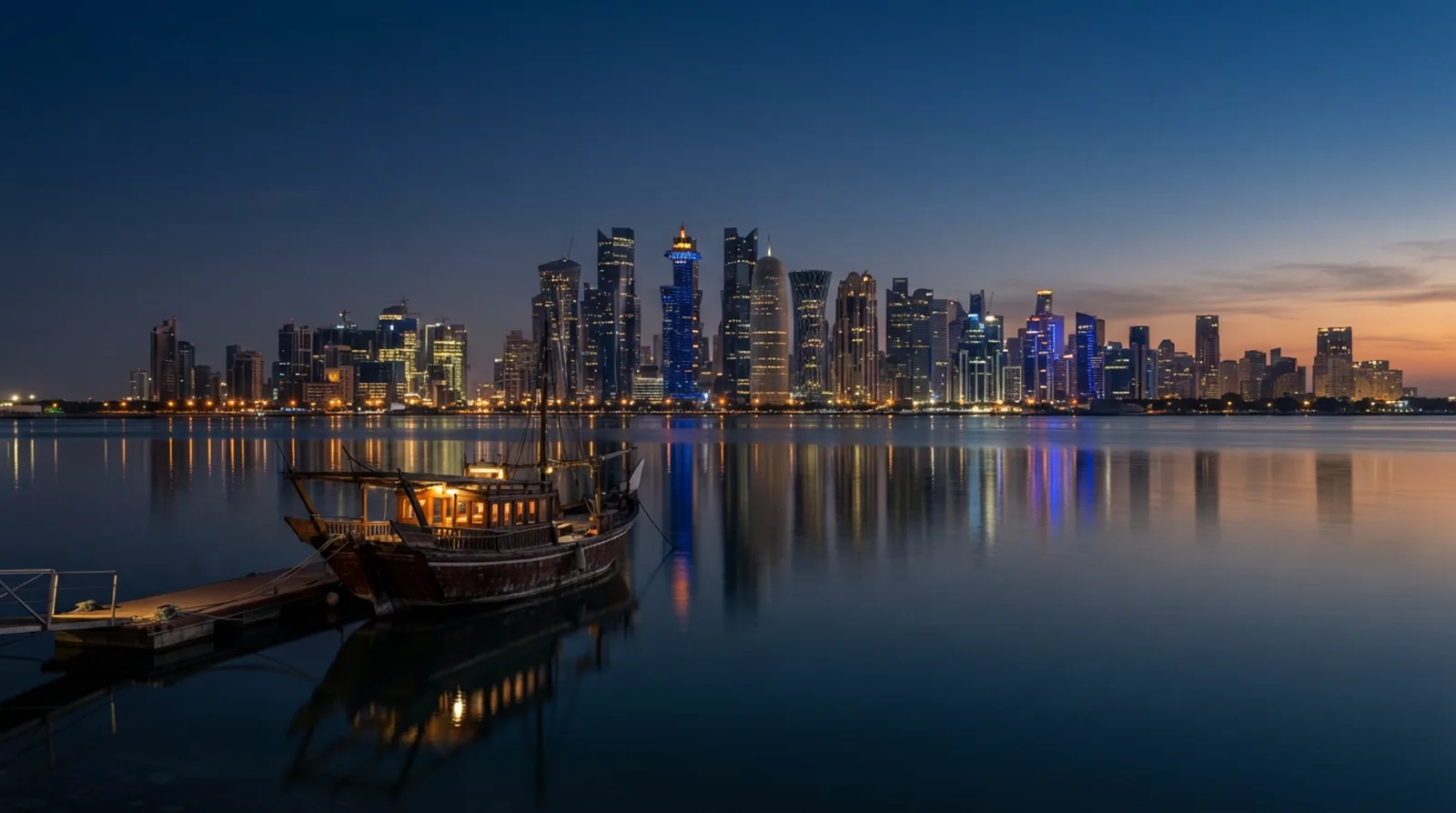 Doha Qatar skyline across the bay at dusk with West Bay towers reflecting on the water and a wooden dhow in the foreground