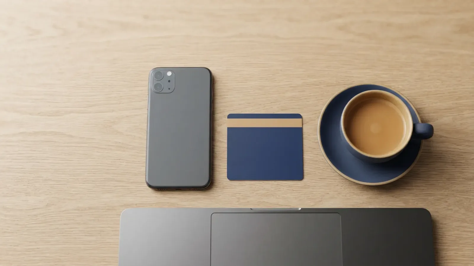 Smartphone, bank card and a cup of coffee laid out on a light wooden desk