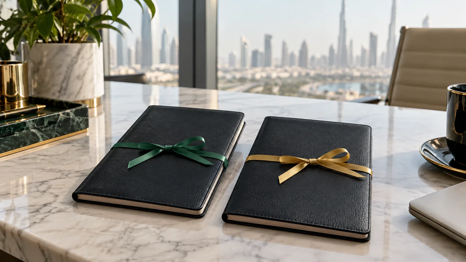 Two passports on a desk, one tied with a green ribbon and one with a gold ribbon