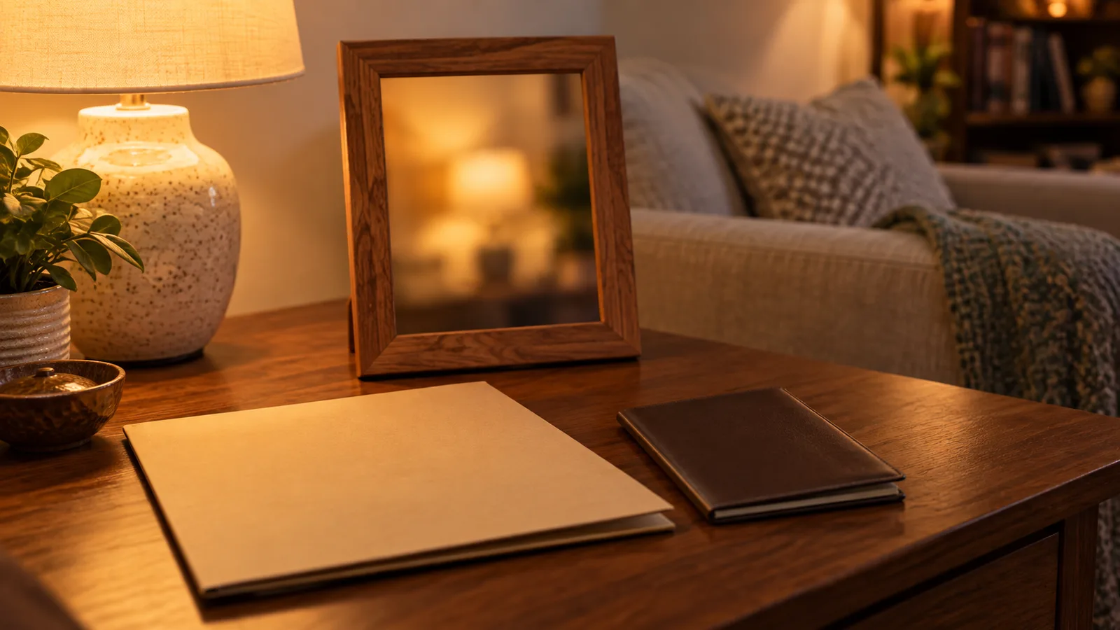 Family photo frame and residence documents on a living room side table