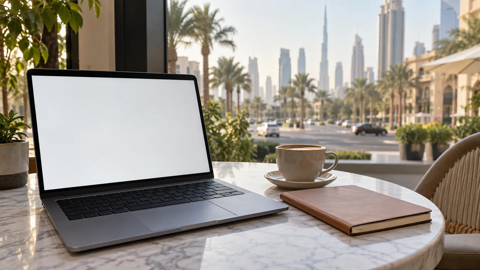 Laptop, notebook and coffee on a cafe table overlooking a Dubai street