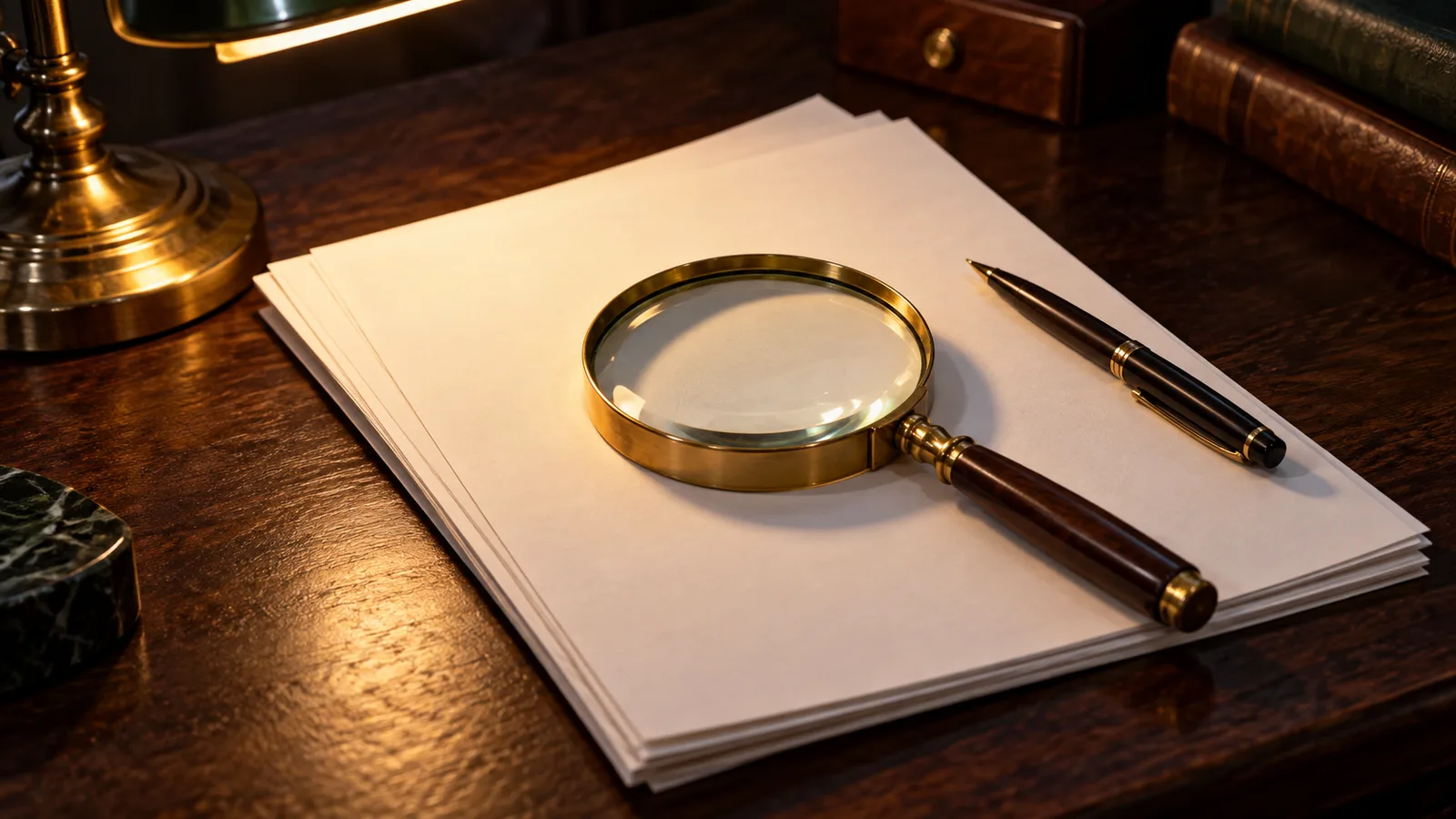 Magnifying glass resting on a plain contract document beside a pen