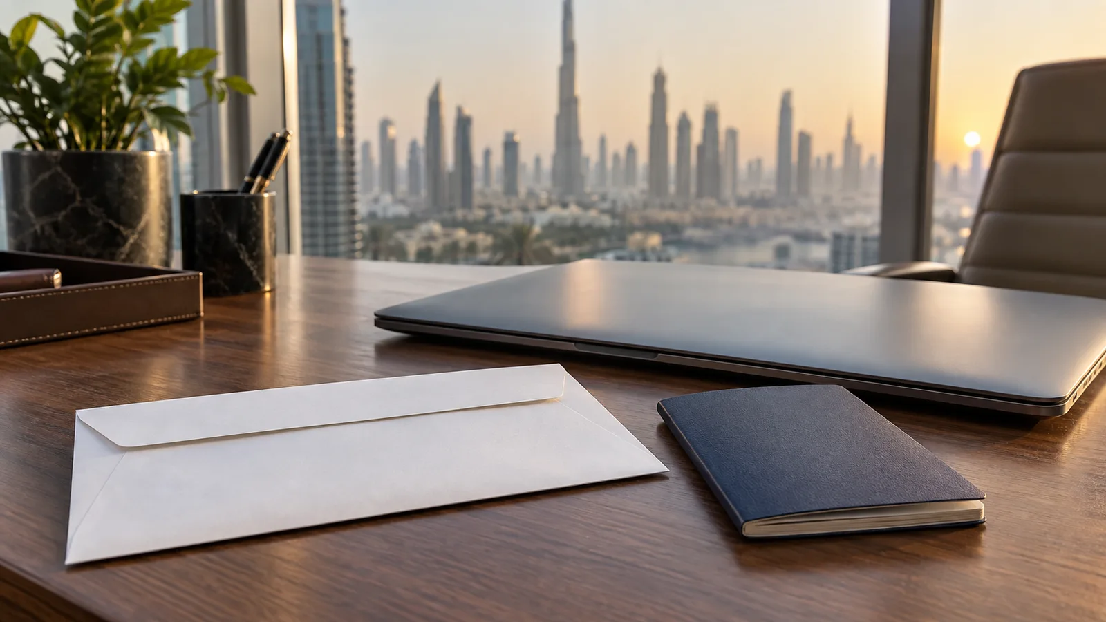 Resignation envelope and a passport on a desk beside a closed laptop