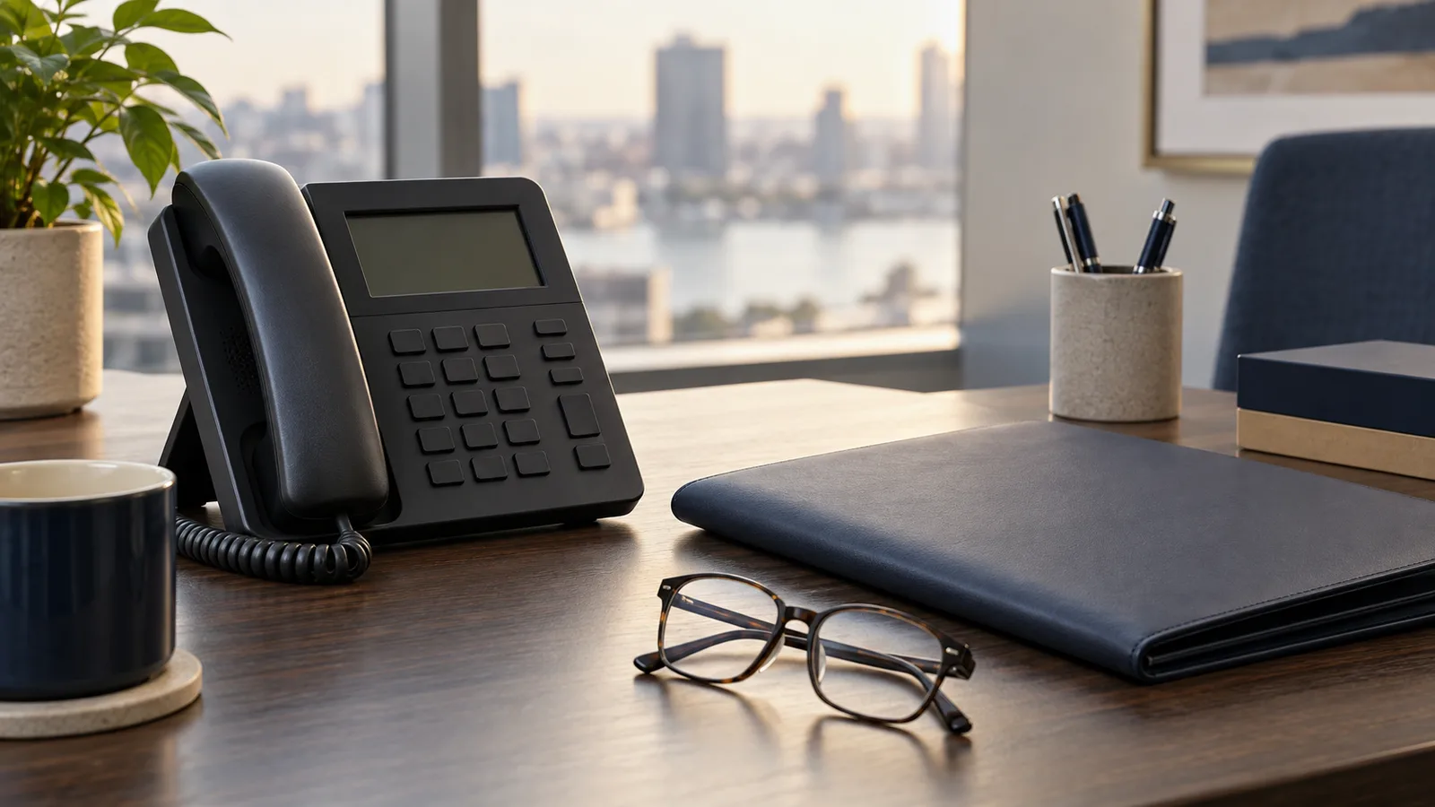 Desk phone and a neat folder of employment documents in a quiet office