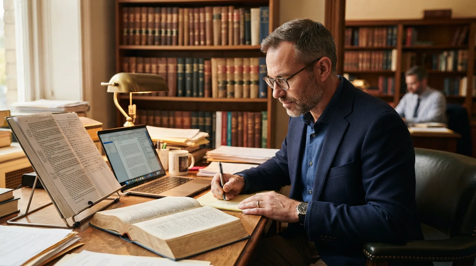 Legal translator working at a desk with a source document on a stand beside a laptop and a bilingual dictionary, legal volumes behind