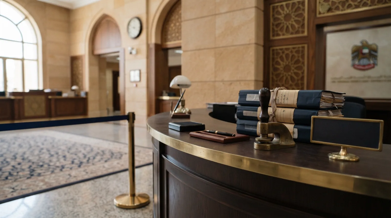 Notary public counter in a UAE court building with a dark timber counter, bound legal files, a brass seal press and a queue rail