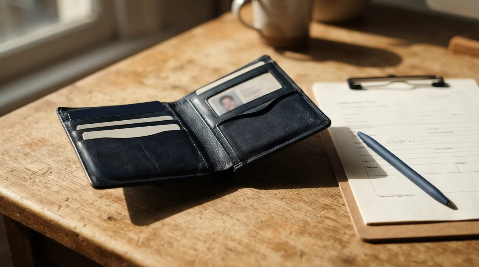 Empty wallet card slot beside a replacement application form at a Dubai service centre