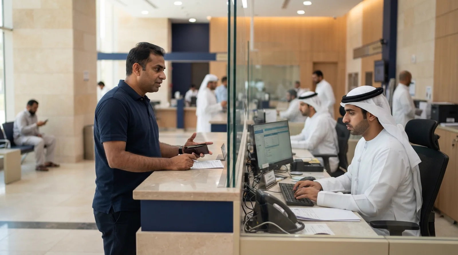 Man reporting a lost identity card at a Dubai service centre counter while an officer types at a terminal behind the glass