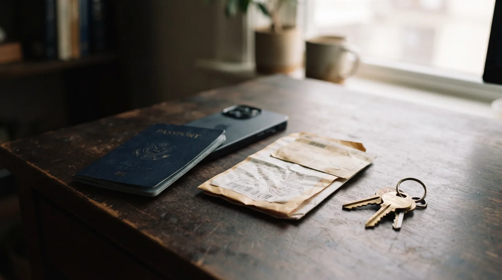Passport, a face-down smartphone and a courier delivery slip on a dark desk beside house keys
