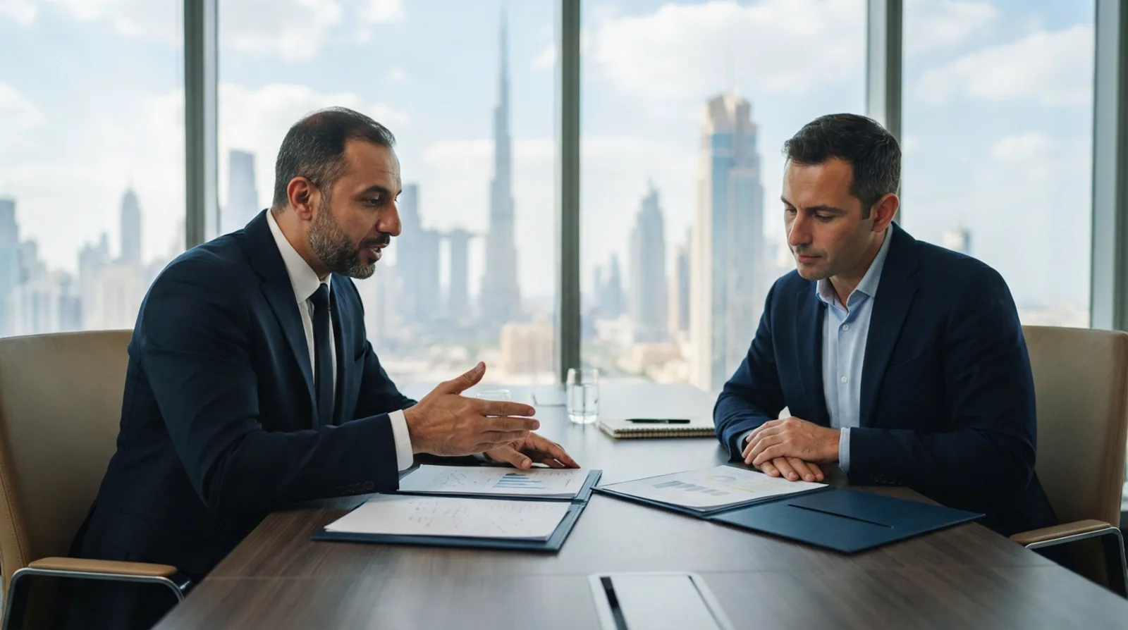 Two founders comparing mainland and free zone licence options across a Dubai meeting table