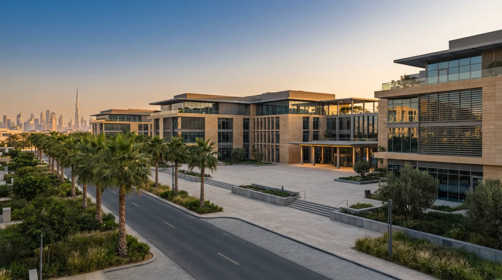 Modern free zone business park in Dubai at golden hour with low glass office blocks and a palm-lined access road