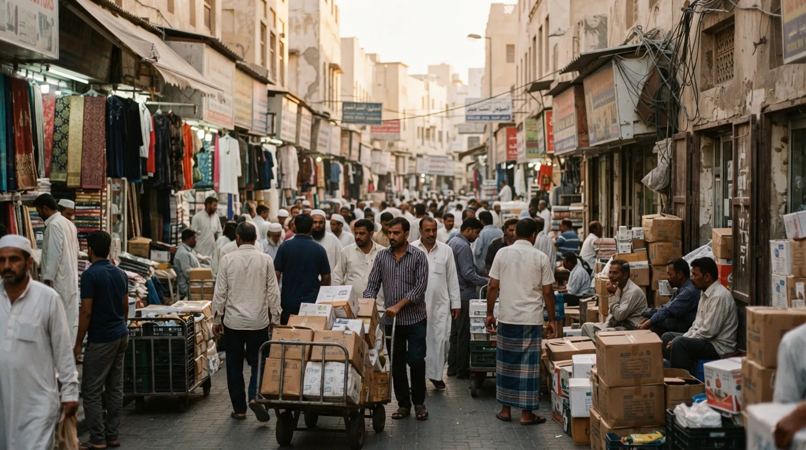 Busy commercial street in old Deira Dubai lined with small trading shopfronts, awnings and delivery trolleys