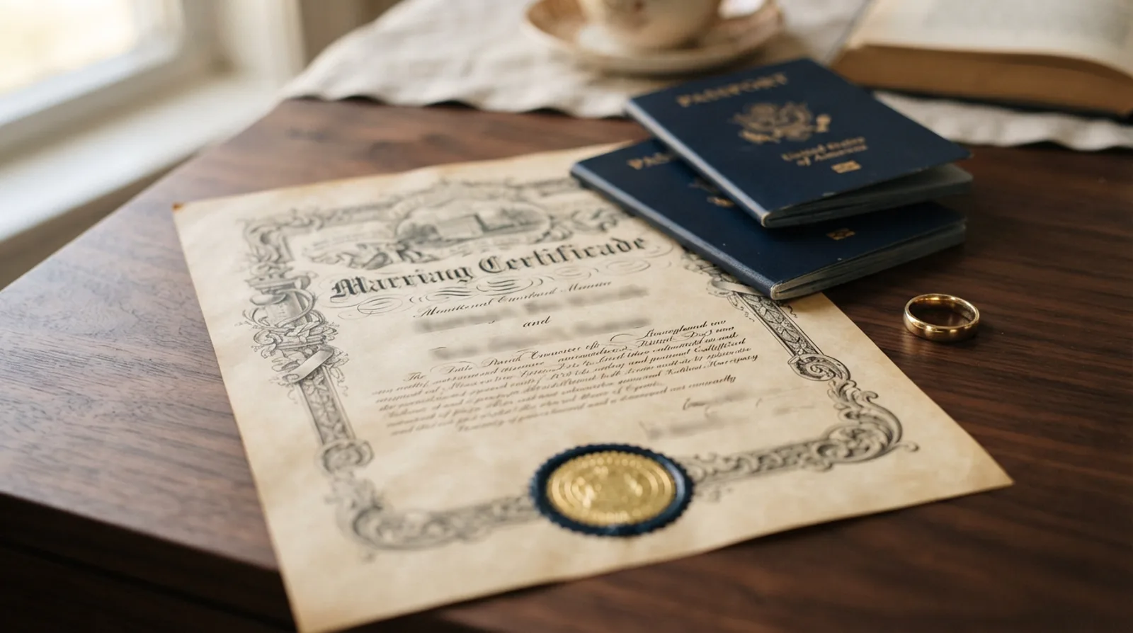 Attested marriage certificate and two passports prepared for a Dubai spouse visa application