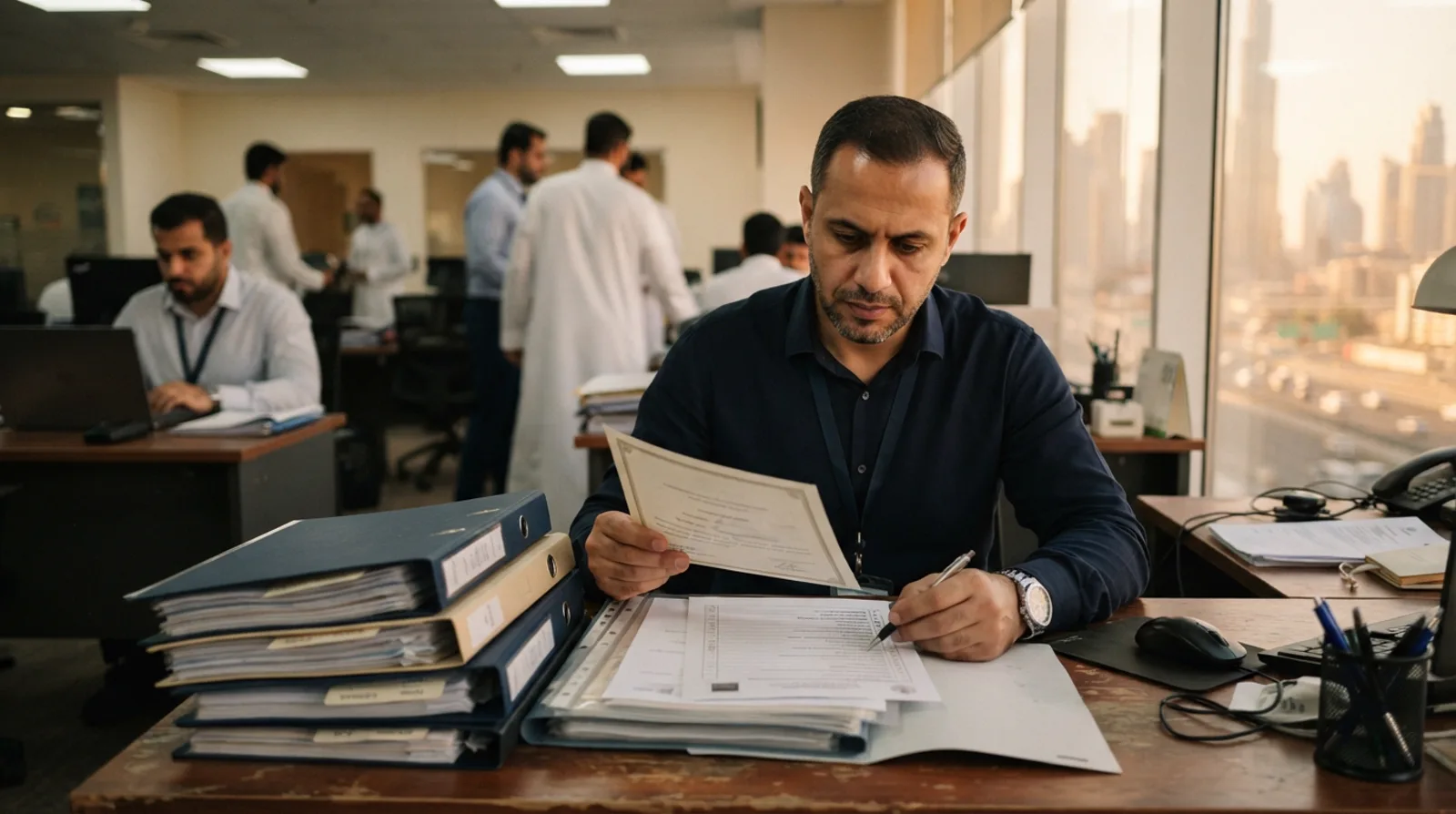 Man reviewing a certificate against a checklist at a Dubai document clearing consultancy desk with sleeved document folders stacked beside him