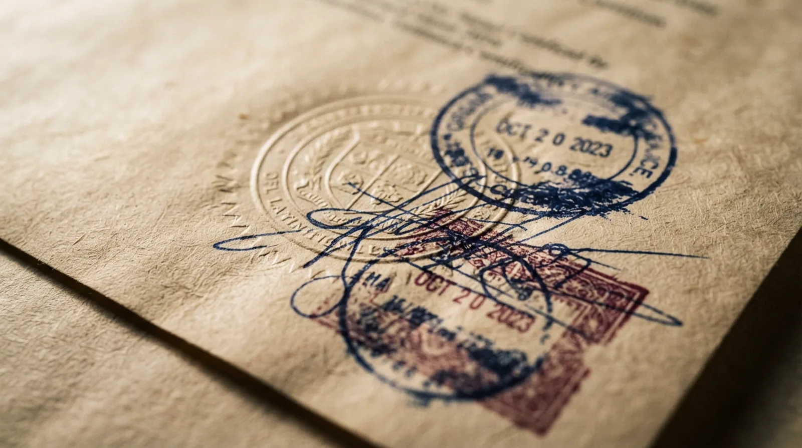 Extreme close-up of overlapping coloured attestation stamps, an embossed dry seal and a blue ink signature on an official certificate