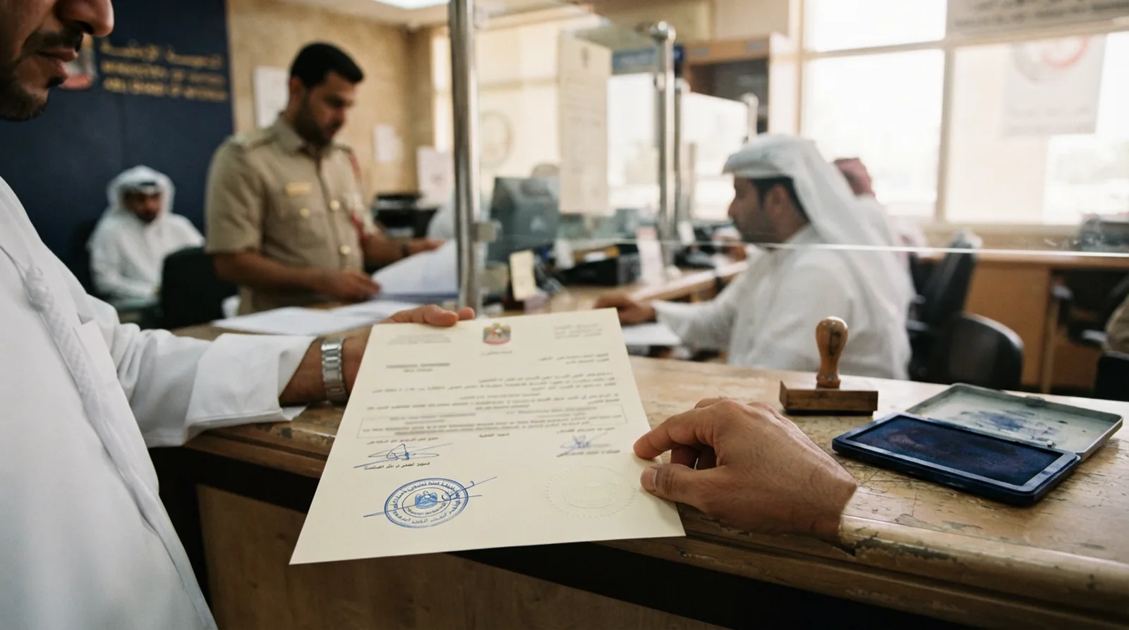 Attestation stamps and seals applied to an official certificate at a UAE government service counter