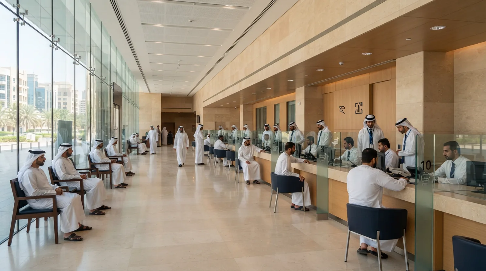Wide, calm ministry service hall in the UAE with a long counter, numbered positions and staff assisting visitors