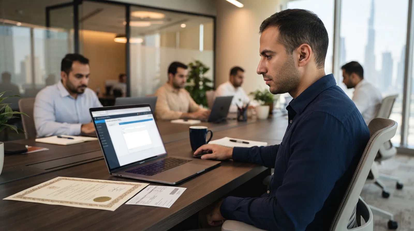 Man at a laptop reviewing an online attestation portal with an official certificate and a printed reference slip on the desk beside him
