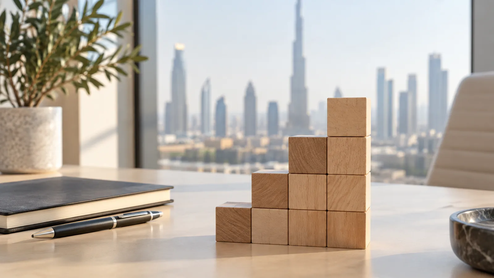 Wooden stacking blocks of rising height on an office desk beside a notebook
