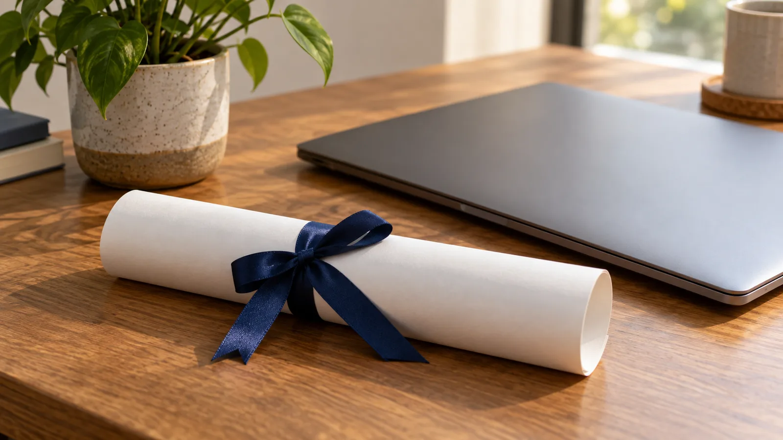 Rolled degree certificate tied with ribbon beside a laptop on a desk