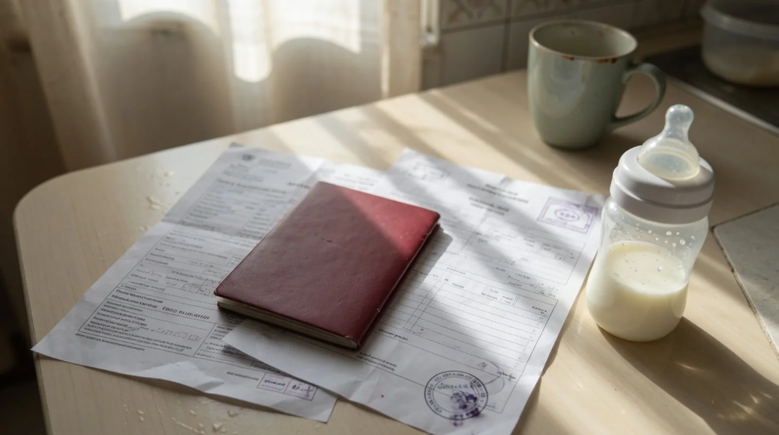 An infant passport, a baby bottle and completed residence application forms on a sunlit table in a Dubai home