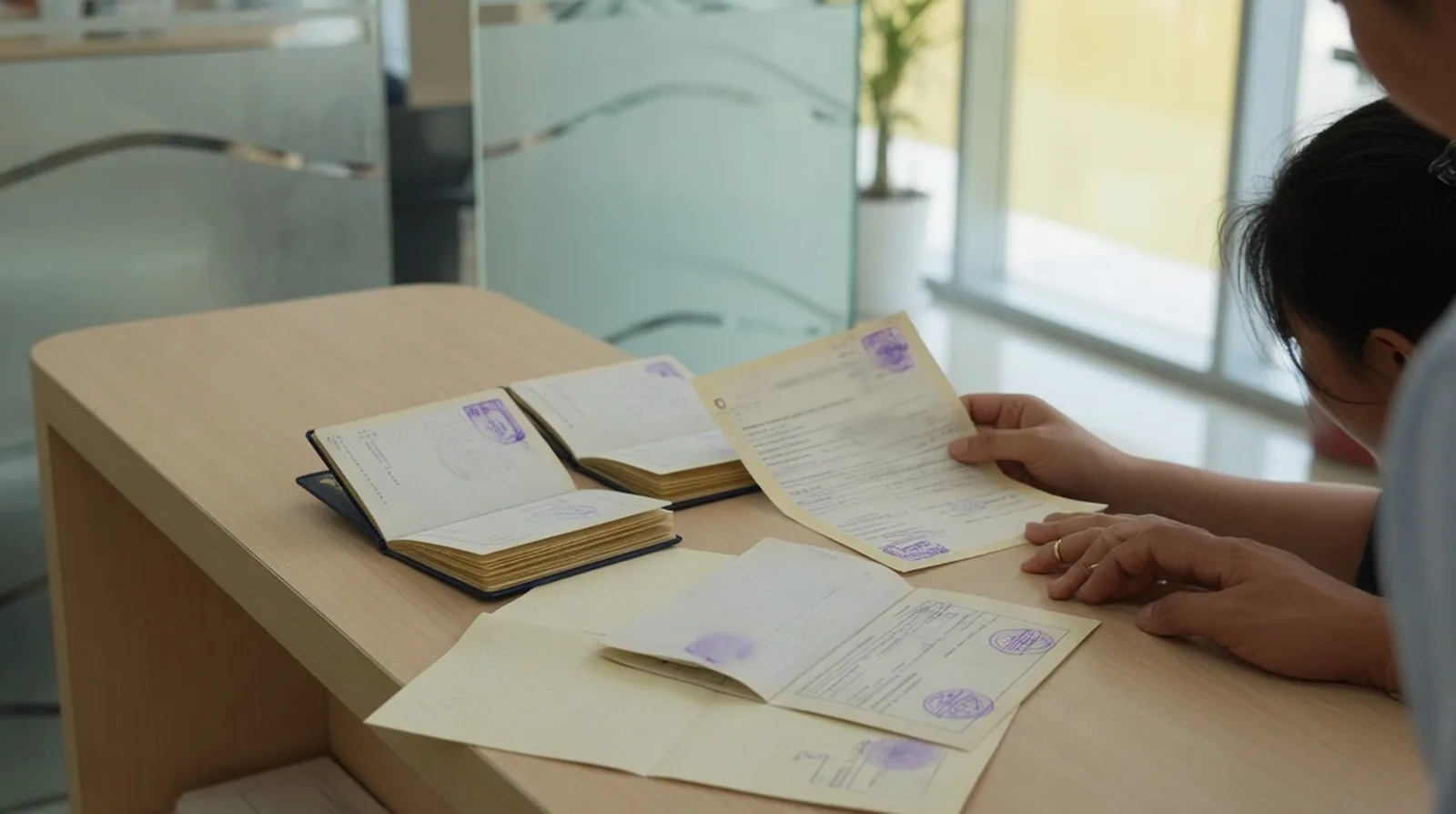 New parents at a Dubai hospital desk holding a stamped birth notification, two open passports and a folded marriage certificate