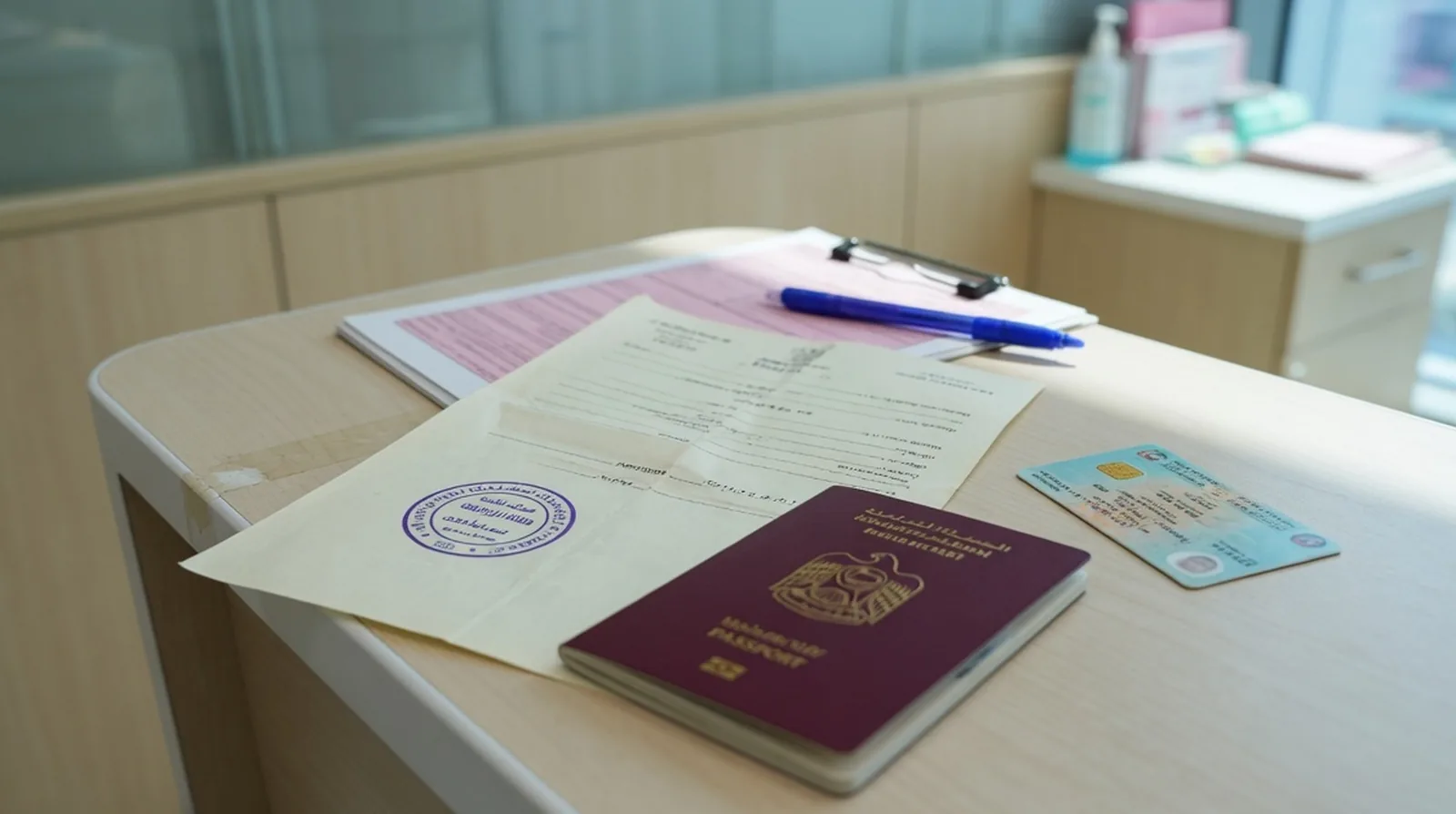 Infant passport, a printed GDRFA fee receipt and an Emirates ID application form spread on a kitchen table beside a baby bottle
