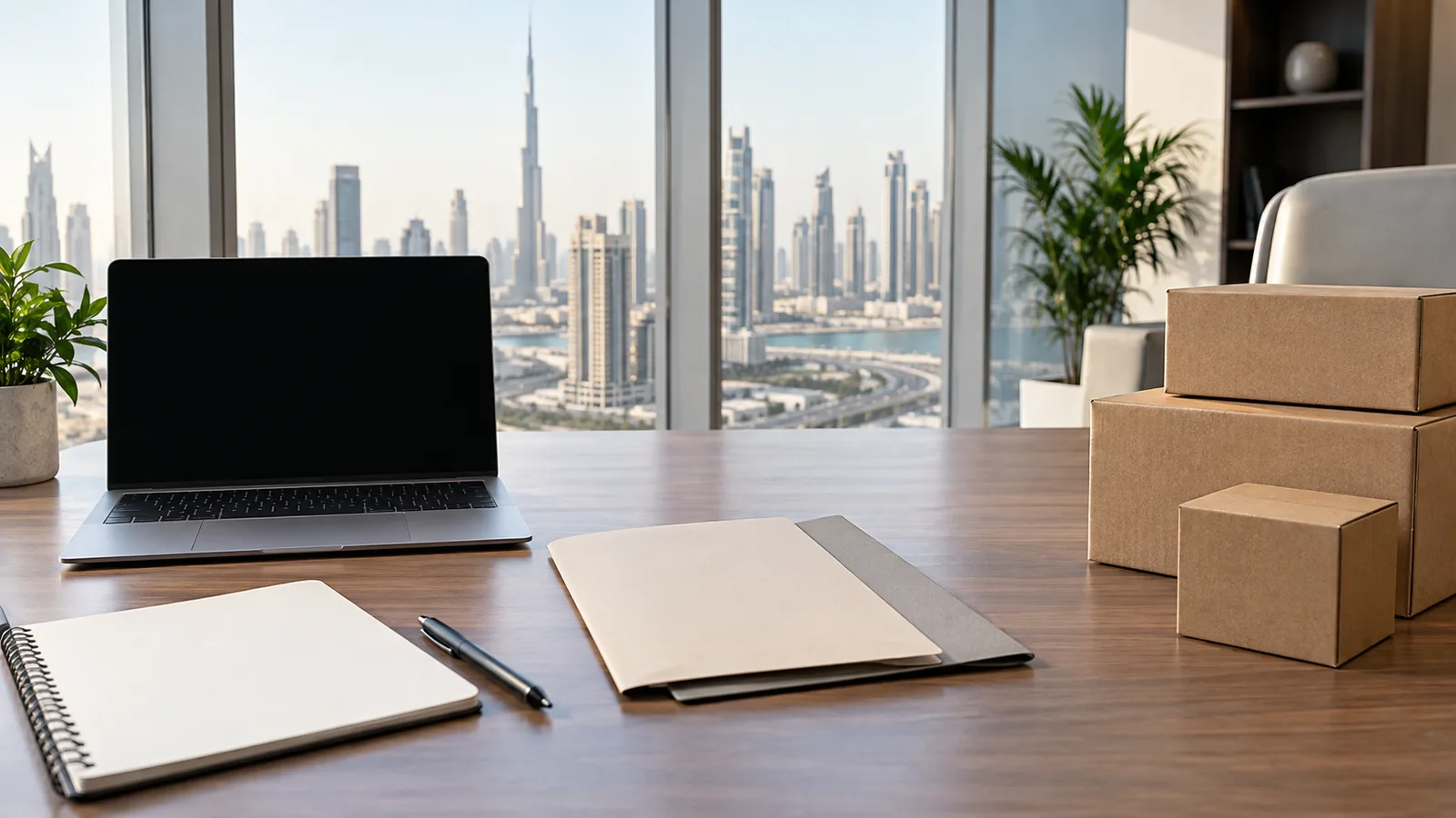 Two document folders side by side on a desk, one beside a laptop and one beside boxed products