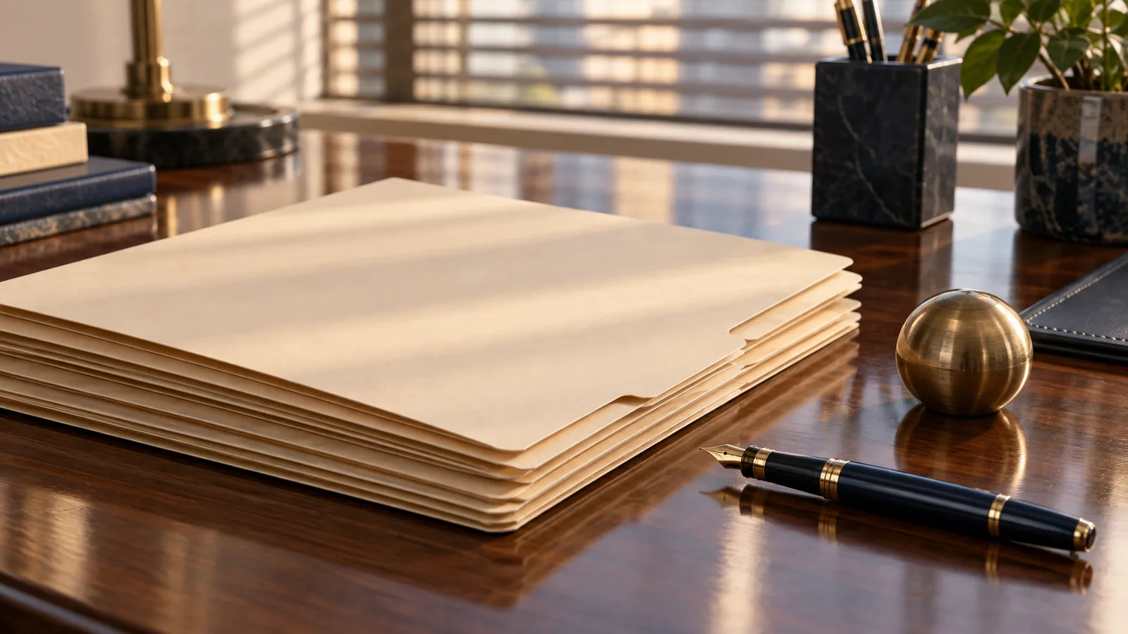 Plain licence application folders and a pen on an office table in Dubai