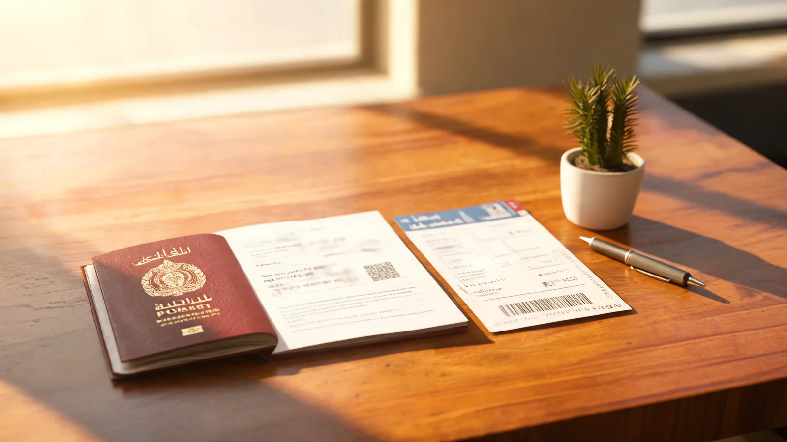 UAE resident passport, printed Saudi e-visa approval and boarding pass laid out on a desk before travel