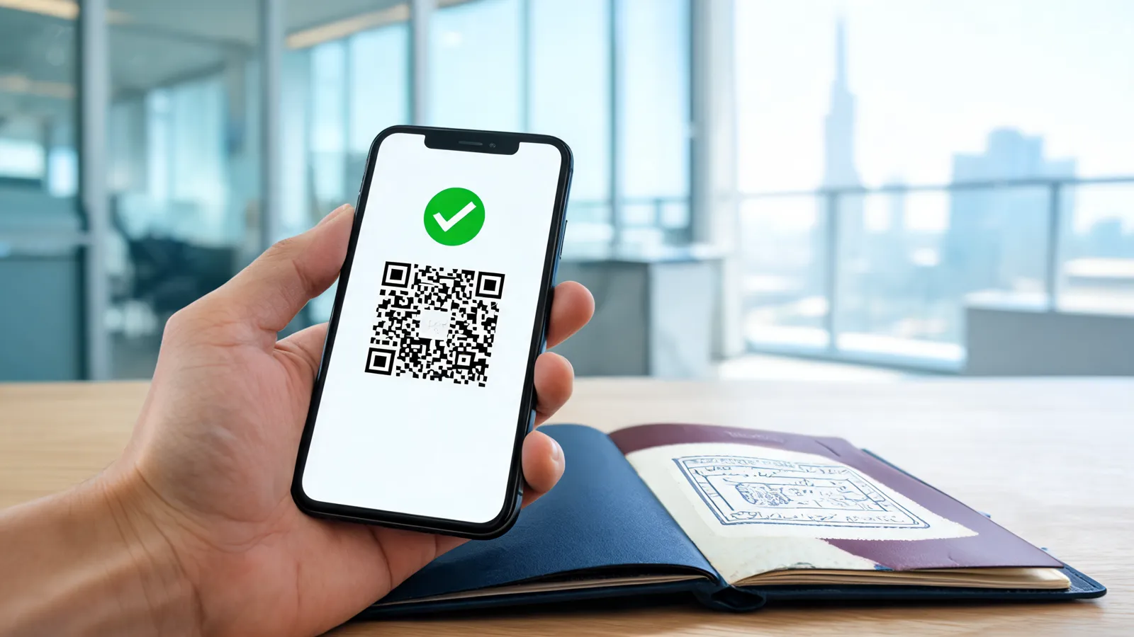 Smartphone displaying a digital travel permit approval screen beside a passport, representing the Nusuk app permit step