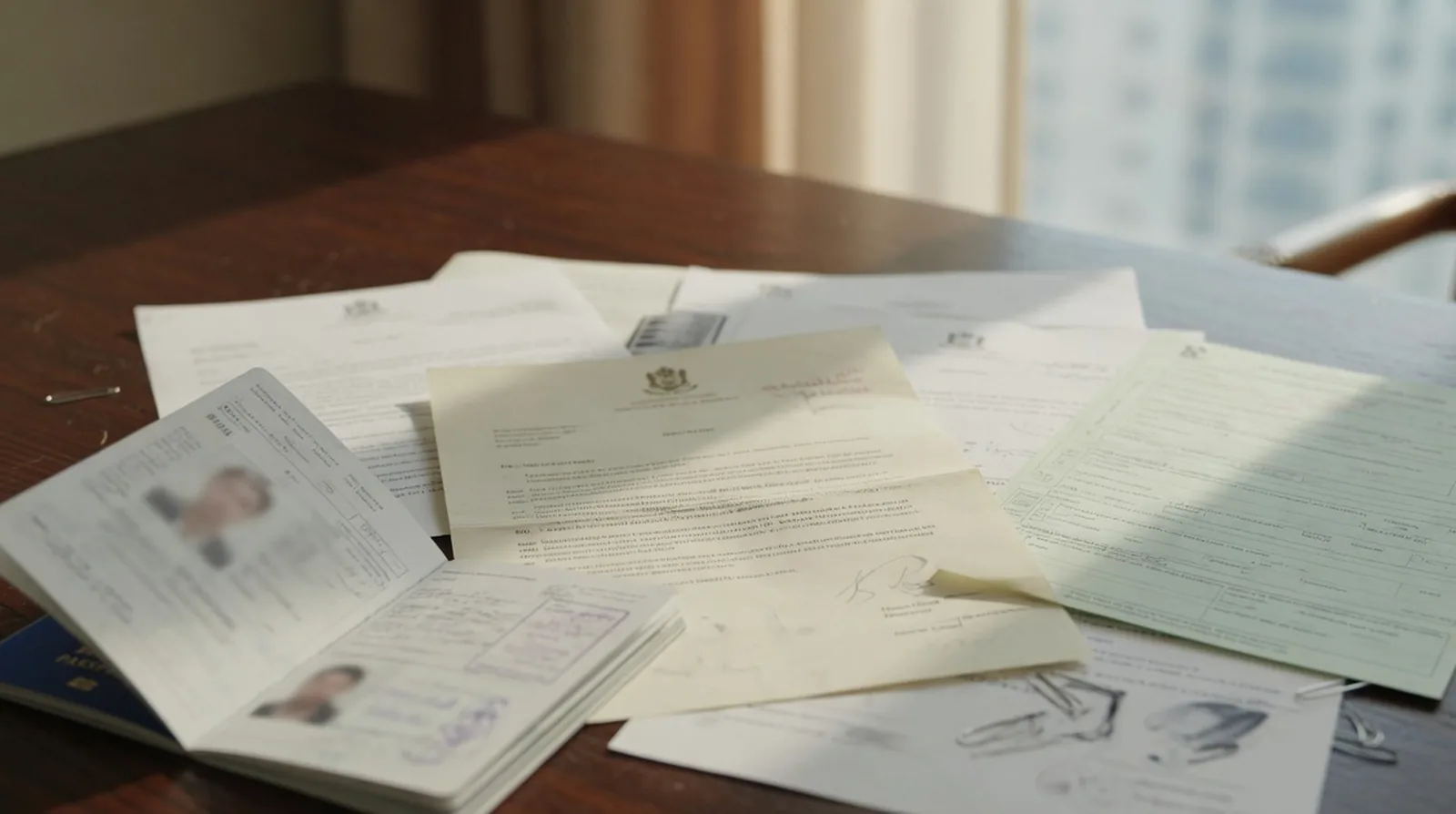 A spread of UAE residence application forms and photocopied passport pages laid across a desk