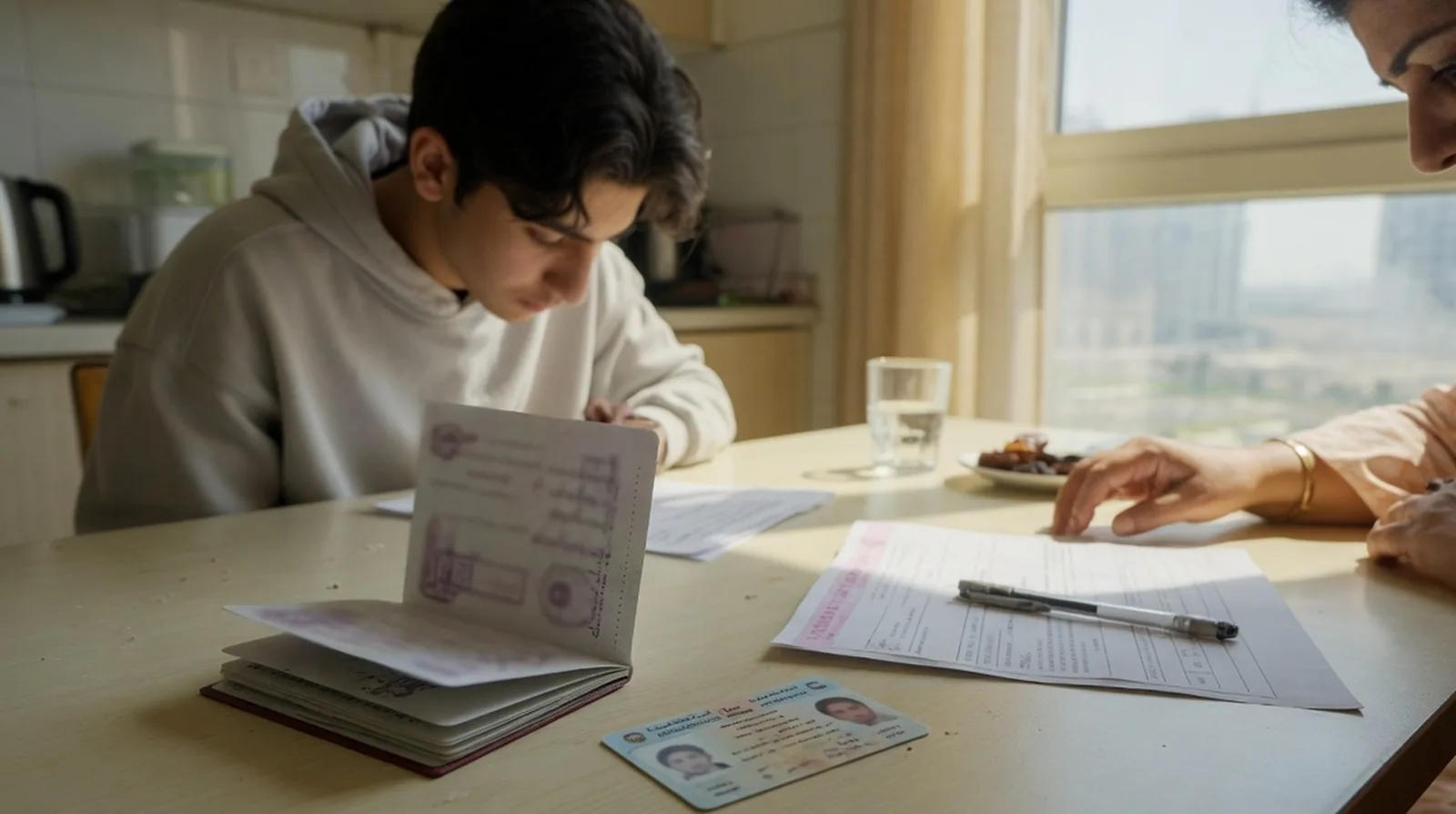 Teenage boy and a parent at a kitchen table with an open passport, an Emirates ID and a printed medical appointment slip