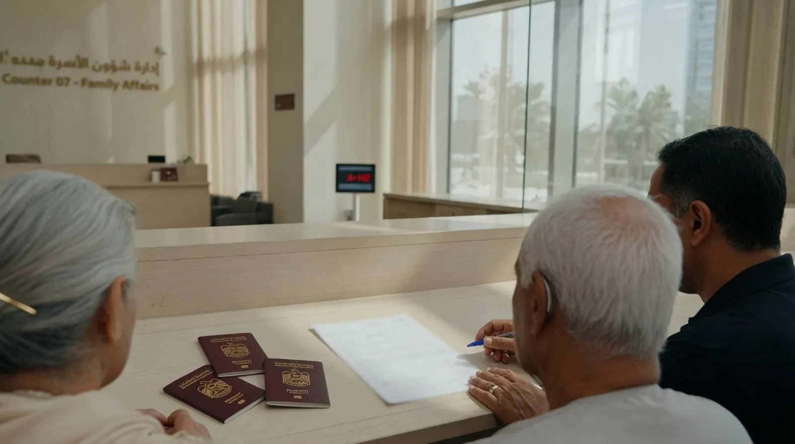 An older couple and their adult son at a Dubai Family Affairs service counter, passports and a form on the desk