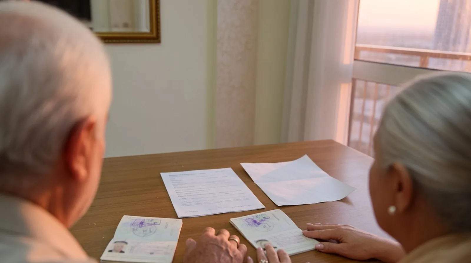 Older couple at a Dubai apartment dining table with two open passports, a printed salary certificate and a folded tenancy contract