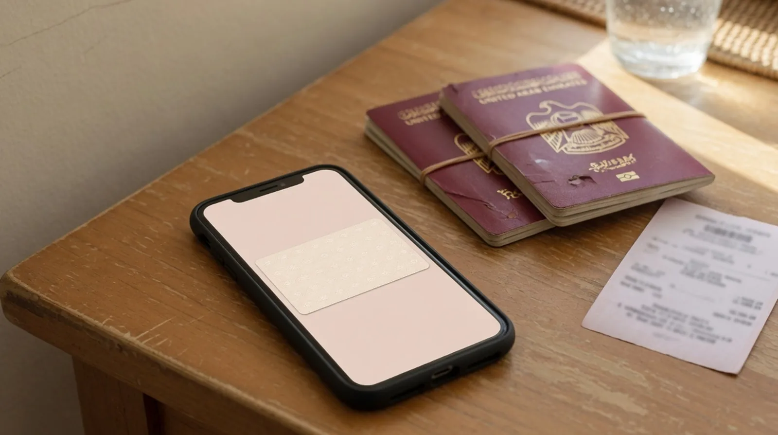 Close-up of a Dubai health insurance e-card on a phone next to two older passports and a printed GDRFA fee receipt