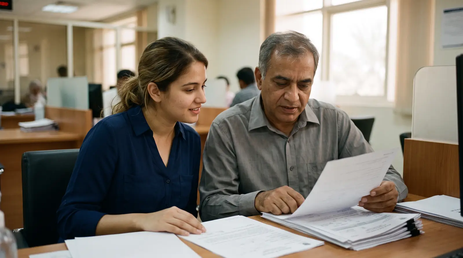 A father and adult daughter reviewing residence visa paperwork together at a Dubai service centre
