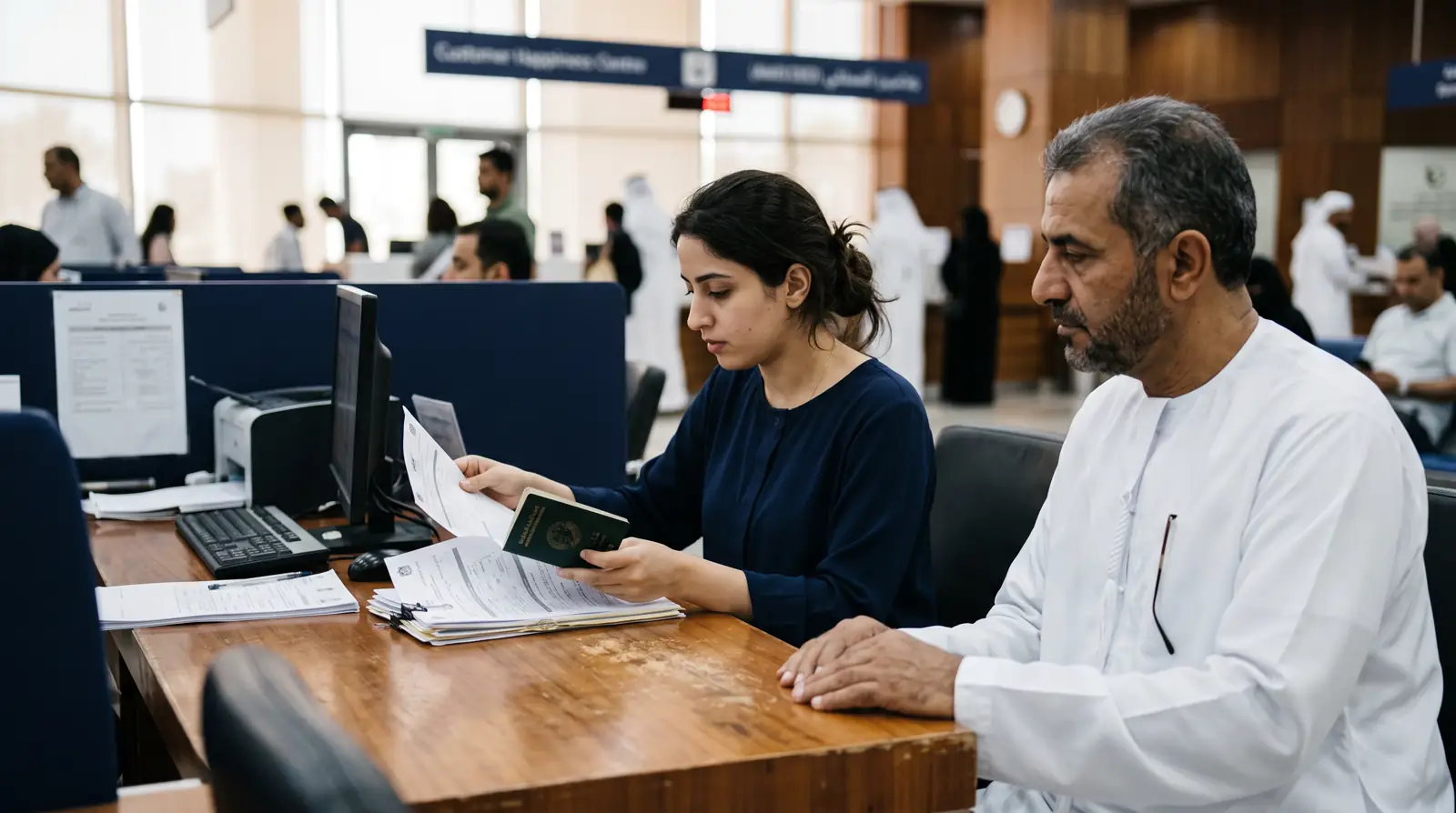 A father and his adult daughter reviewing residence visa renewal paperwork together at a Dubai service centre