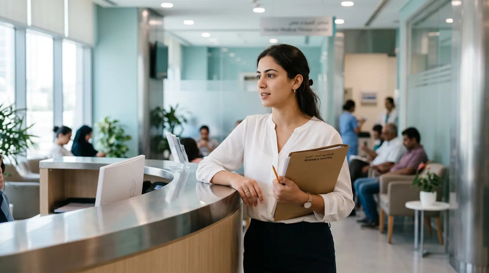 An adult daughter at a Dubai medical fitness centre reception with her residence renewal paperwork