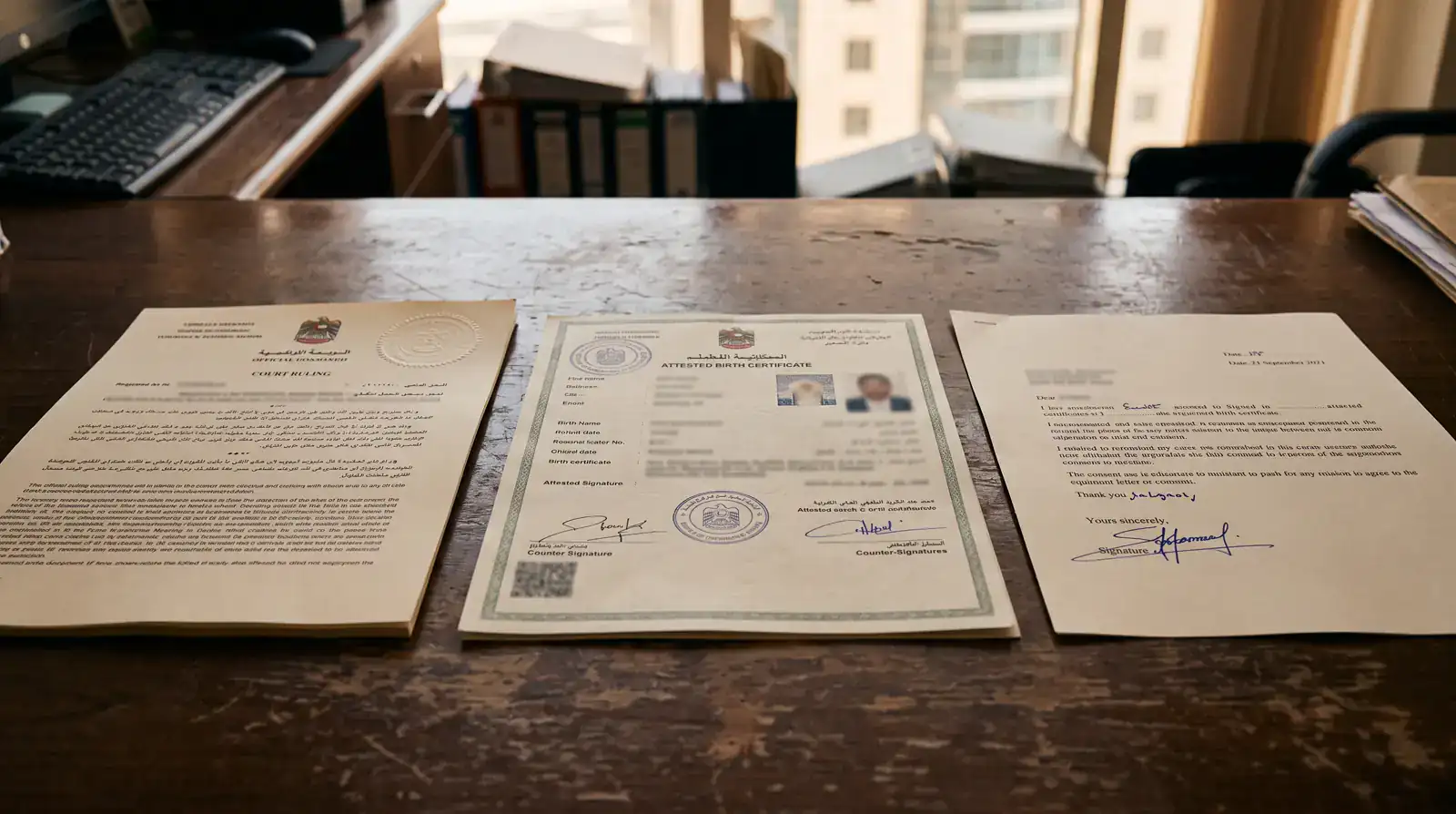 A custody ruling, attested birth certificate and consent letter arranged for a UAE stepchild residence file