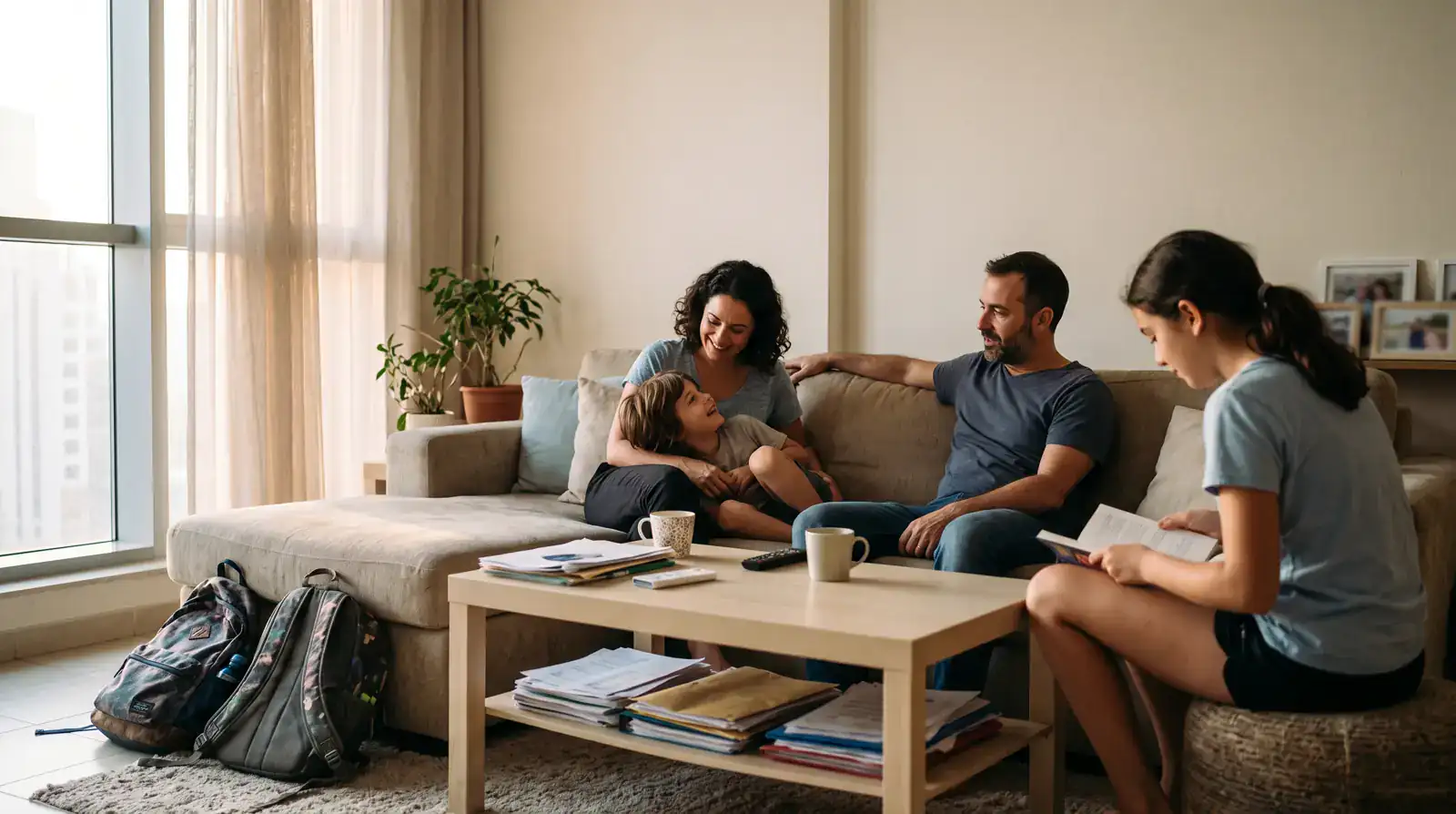 A blended family together in their Dubai apartment with school bags and residence paperwork on the table