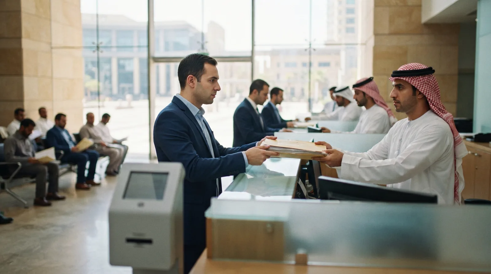 Man handing a folder of renewal paperwork across a service counter to an officer at a Dubai government centre
