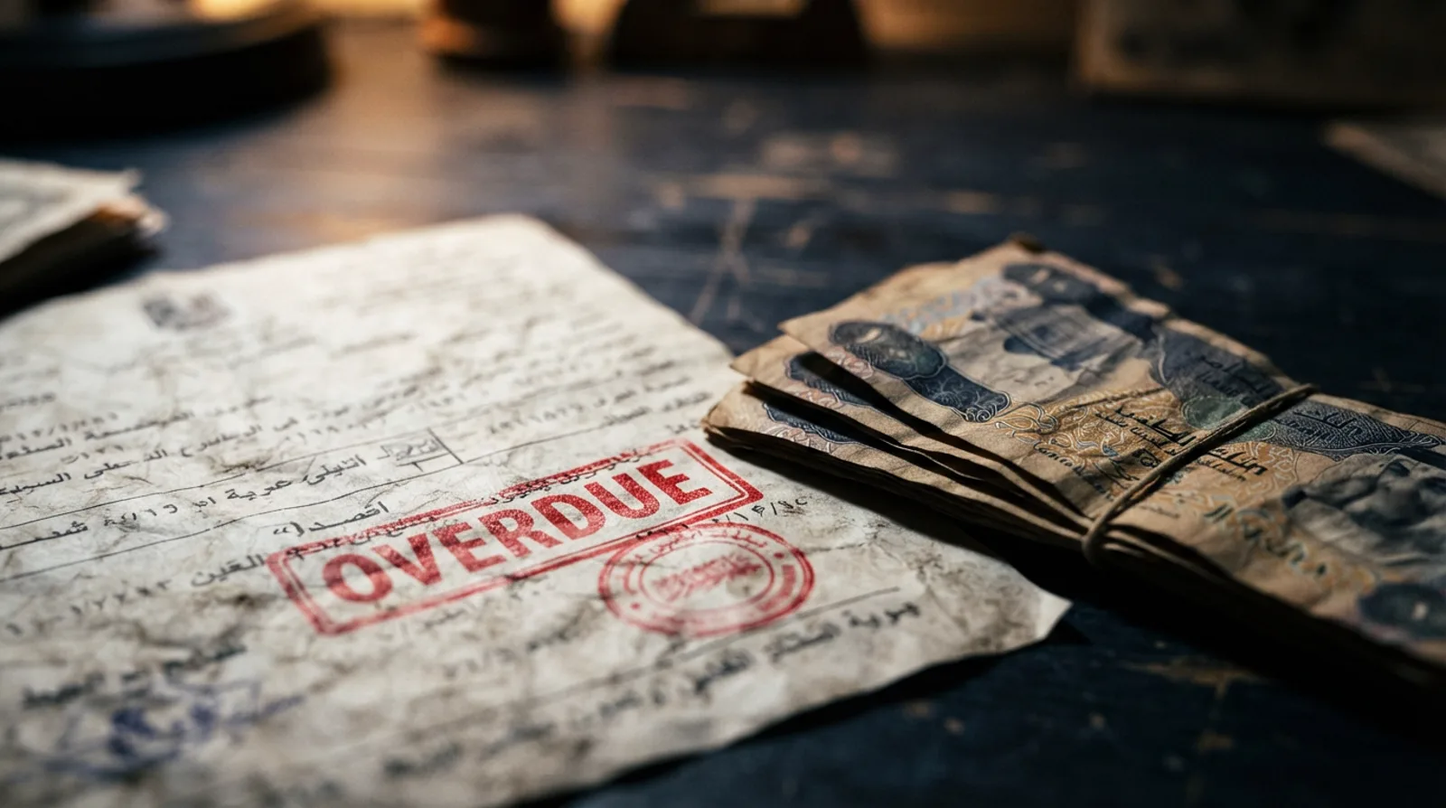 Close-up of a red overdue stamp impression drying beside an expired licence document and a small stack of dirham notes