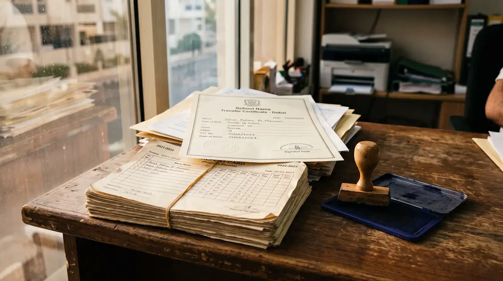 A school transfer certificate and report card being prepared for attestation at a Dubai document clearing desk