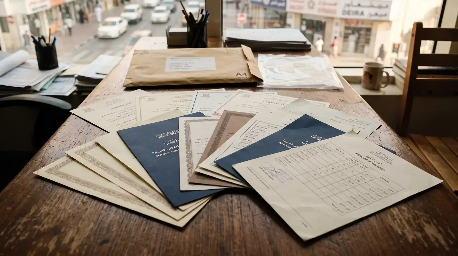 A school transfer certificate and report cards being sorted for attestation at a Dubai document clearing desk