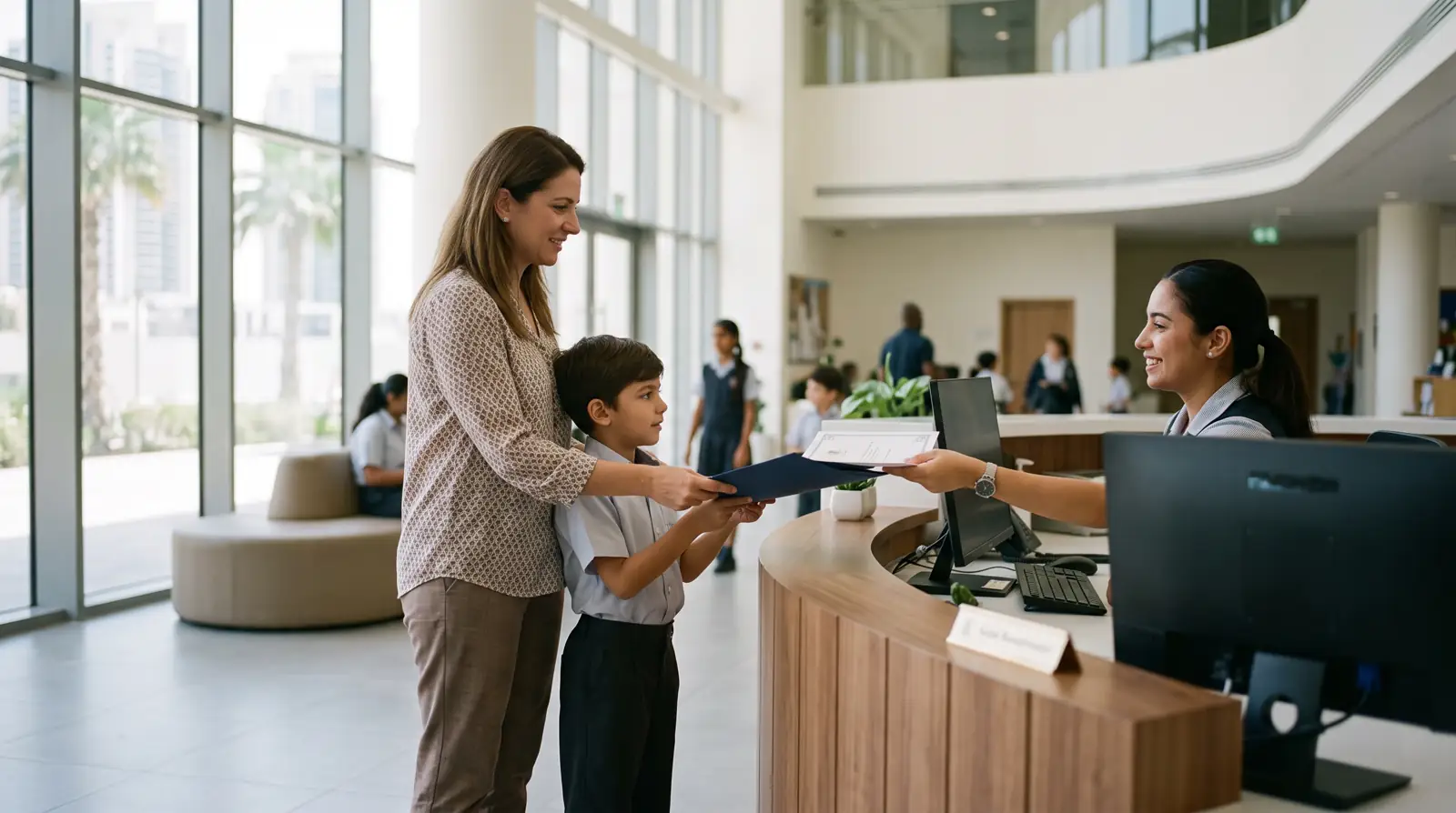 A parent and child at a Dubai school reception desk handing over an attested transfer certificate and enrolment file