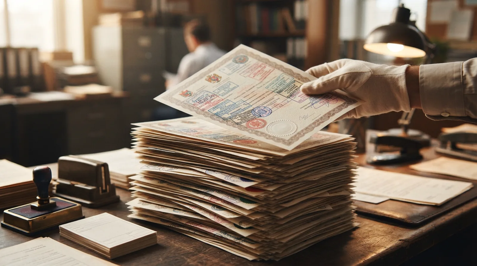 Stack of certificates carrying multiple attestation stamps on a Dubai document clearing desk