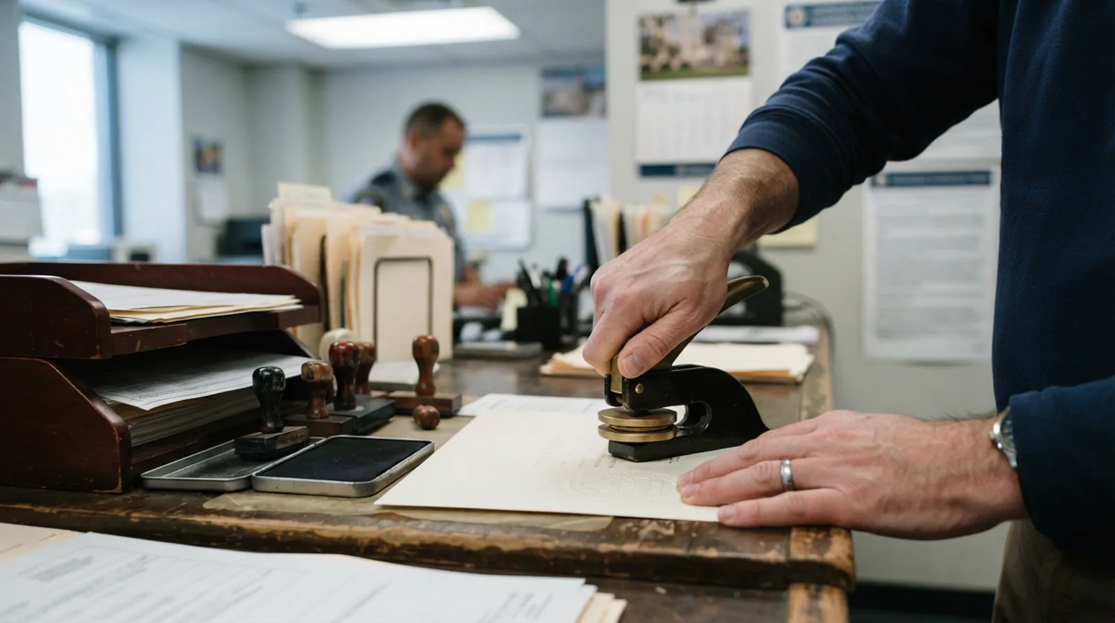 Hands pressing an embossing seal onto an official certificate at a consular counter beside rubber stamps and an ink pad