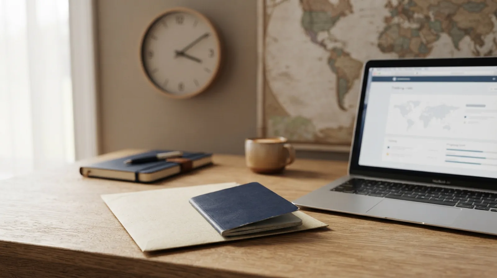 Courier envelope and passport on a desk beside a laptop showing a tracking screen, with a wall clock and world map behind